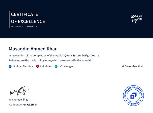 Scaler - Quora System Design Course - Certificate of excellence