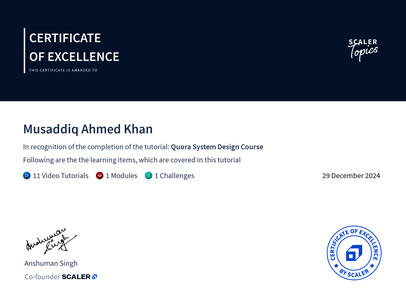 Scaler - Quora System Design Course - Certificate of excellence Scaler - Quora System Design Course - Certificate of excellence